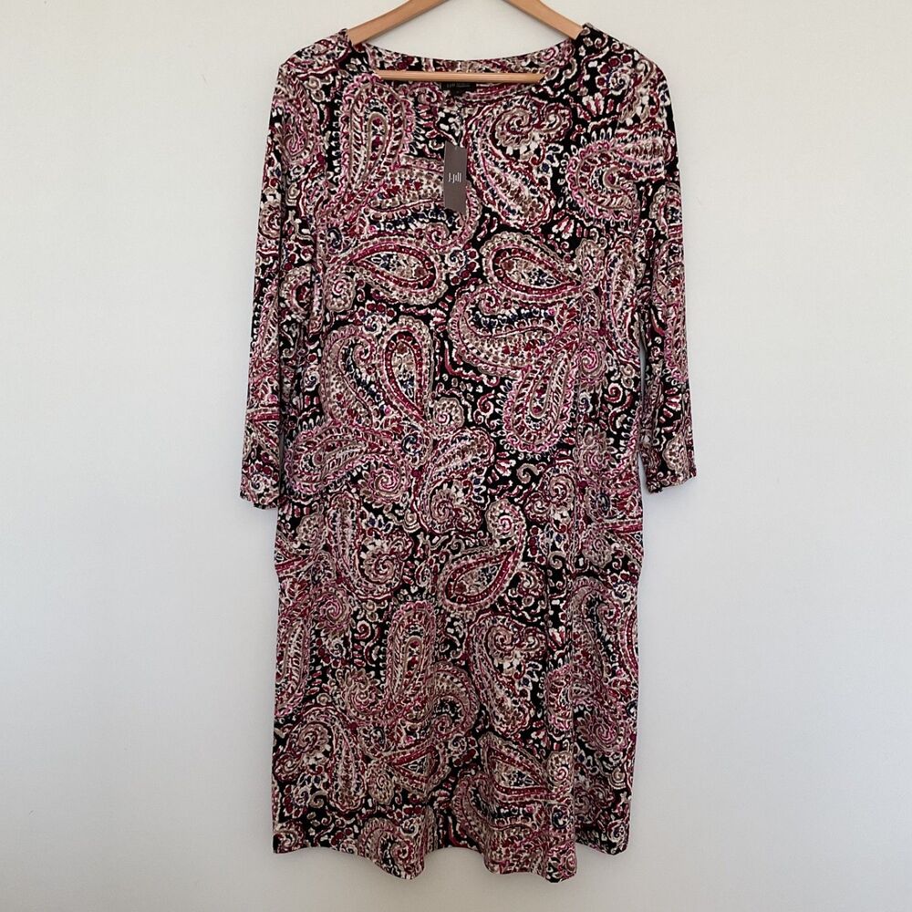 J. Jill Wearever Knit Pleat-Back Dress M Black Pink Blurred Paisley Pocket Artsy